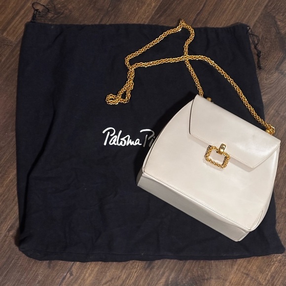 Paloma Picasso vintage Dead stock gold plated cream leathered shoulder bag - Picture 15 of 16